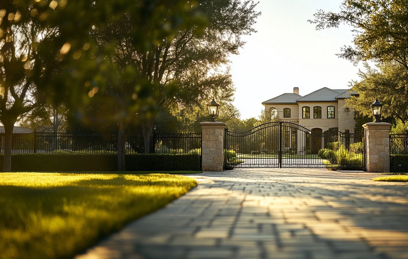 A paved driveway leads to a large, elegant house behind custom iron doors Middlesex & Bergen County, NJ, flanked by stone pillars with lanterns, surrounded by well-kept lawns and trees in warm sunlight.