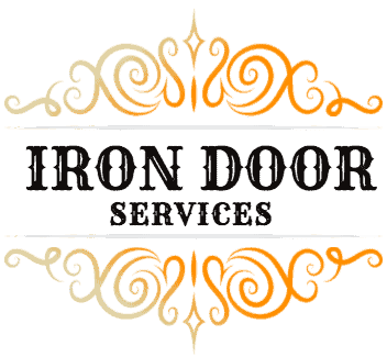 Ornate logo with swirling gold and orange designs framing the text "IRON DOOR SERVICES" in bold, black letters—perfect for those seeking custom iron doors in Middlesex & Bergen County, NJ.