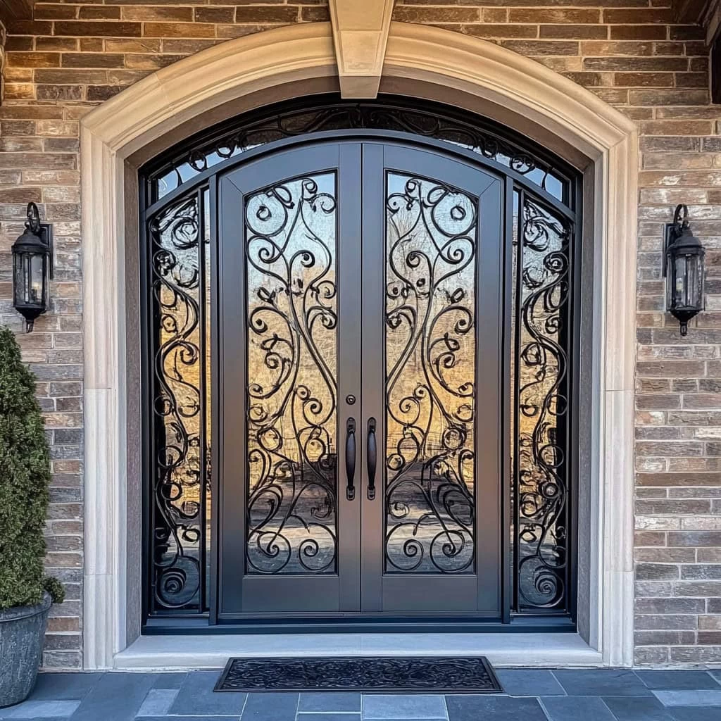 Double front doors with ornate black wrought iron scrollwork set in glass panels, framed by arched stonework. Perfect for NJ homes, these iron doors elevate entrances in Middlesex & Bergen County with timeless elegance and style.