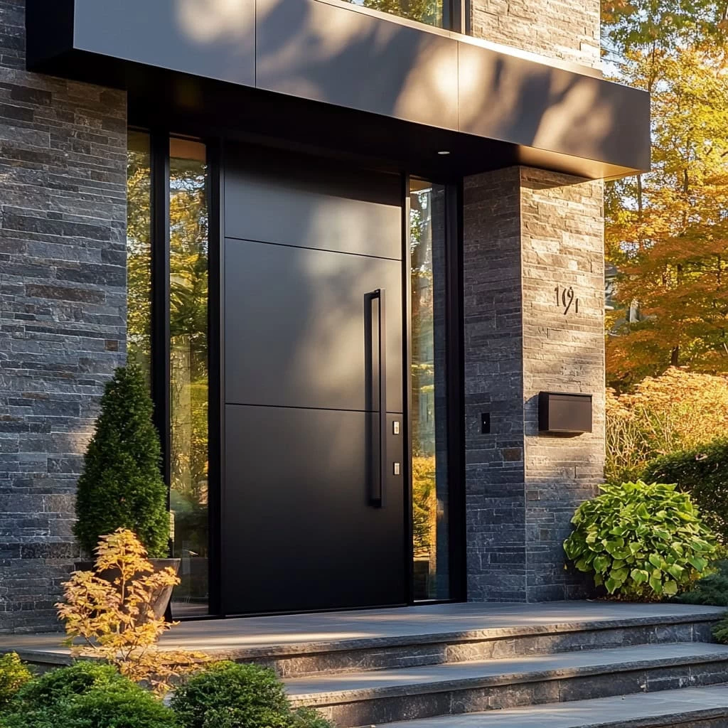 A modern house entrance in NJ featuring a large matte black front door, dark stone exterior walls, sleek handle, and steps surrounded by neatly trimmed greenery—perfect for those seeking custom iron doors in Middlesex & Bergen County.