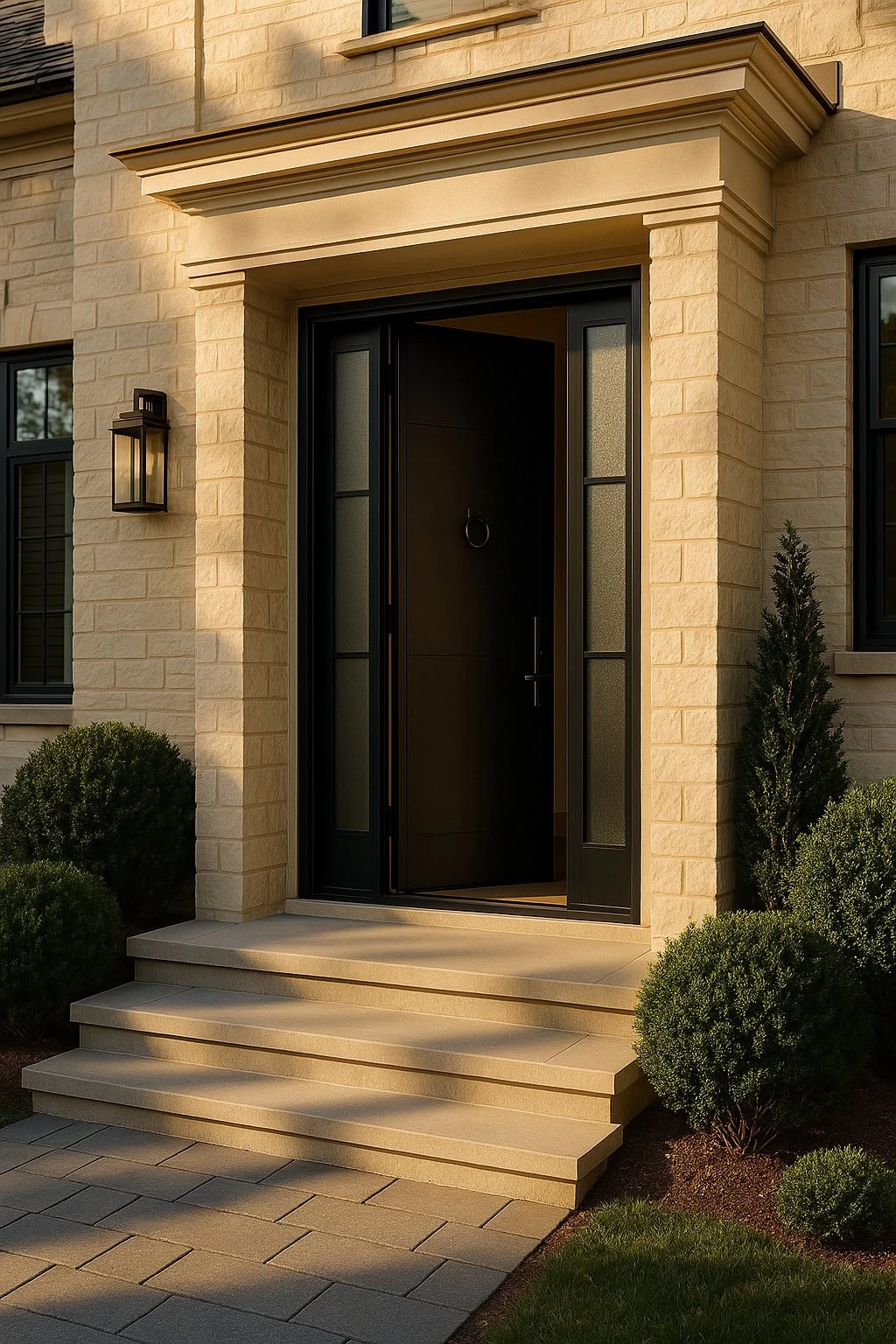A modern NJ house entrance with beige stone walls, an elegant iron door slightly open, steps leading up, and trimmed green bushes on either side in soft sunlight—perfect for Middlesex & Bergen County homes.