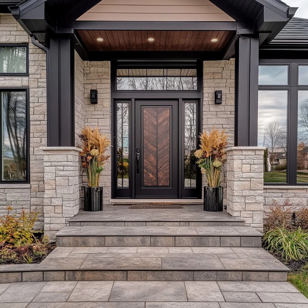 Modern front entrance of a house with a dark wooden door, stone exterior, wide steps, black columns, and tall planters. For a stylish upgrade in Middlesex & Bergen County, NJ, consider elegant iron doors to enhance curb appeal. Shrubs and grass line the walkway.