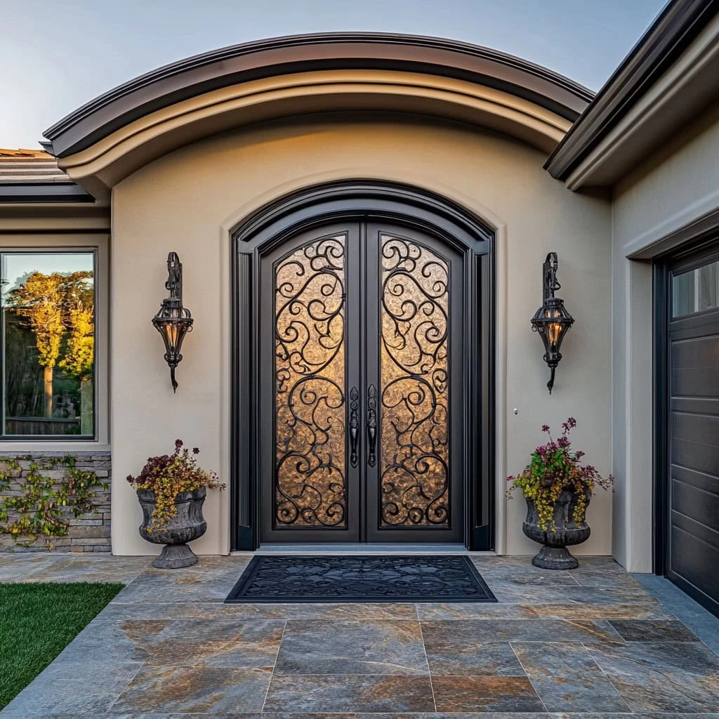 Elegant double front doors with ornate black iron scrollwork, ideal for those seeking custom iron doors in Middlesex & Bergen County, flanked by wall lanterns and potted plants, set in a light-colored curved entryway with stone tile flooring.