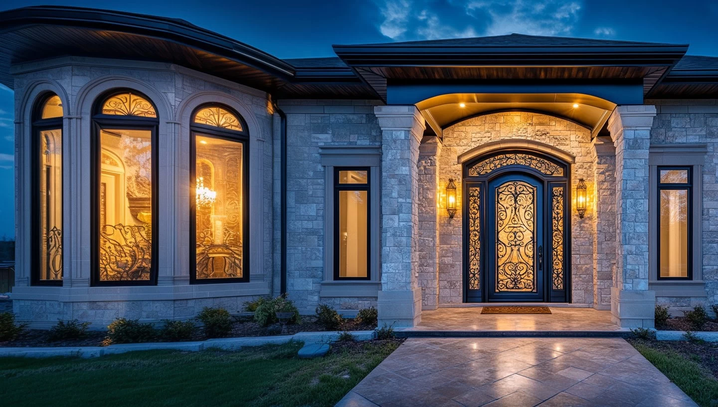 Elegant stone house exterior at dusk with large illuminated windows, an ornate black front door from iron doors Middlesex & Bergen County, warm glowing lights, and landscaped greenery near the entrance—an impressive NJ residence.