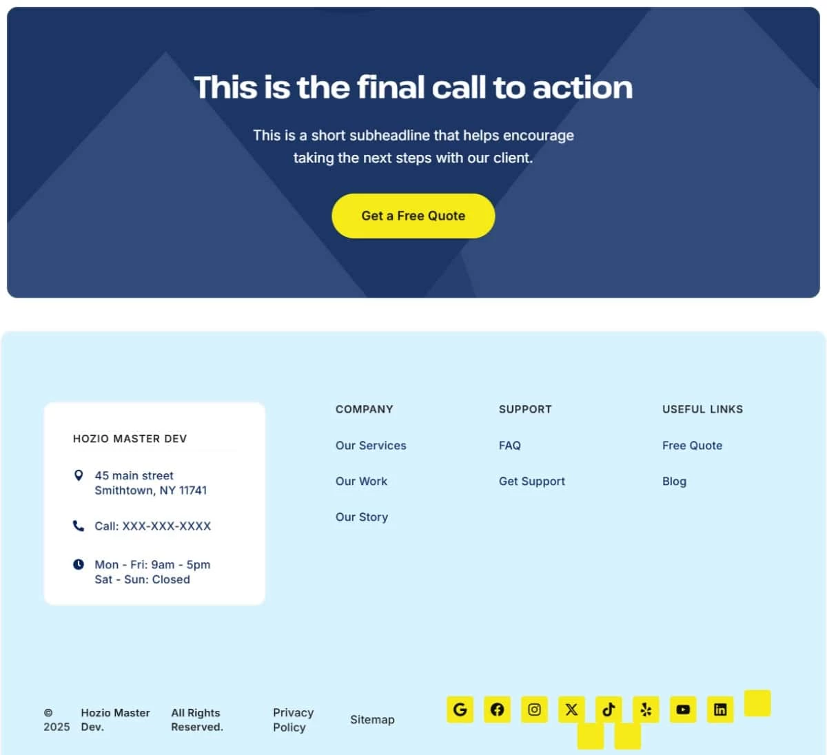 A website section with a blue banner stating "This is the final call to action," a subheadline, and a yellow "Get a Free Quote" button—perfect for showcasing custom iron doors Middlesex & Bergen County, NJ. Below are contact details, navigation links, and social media icons.