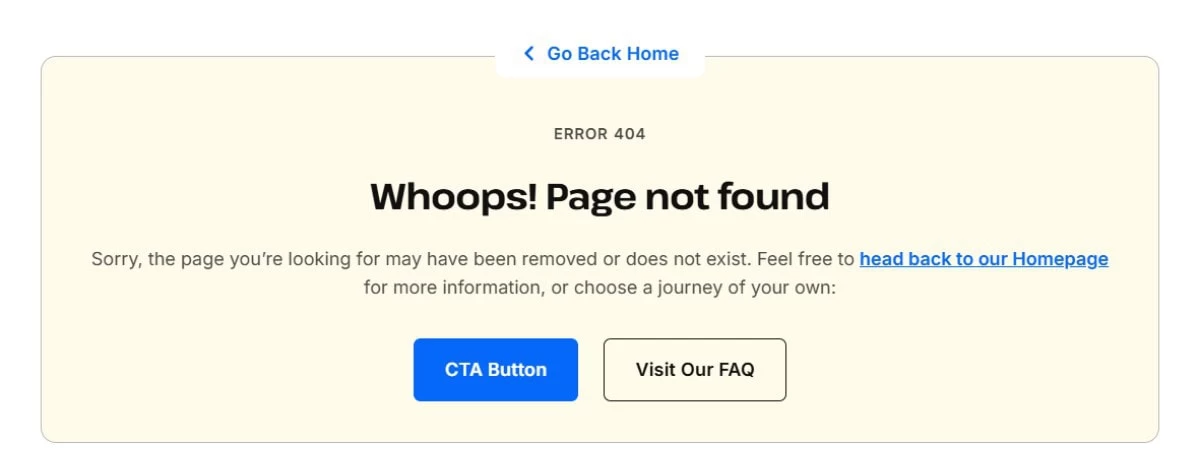 Error 404 page on a website with the message "Whoops! Page not found" and options to go back home, visit FAQ, or click a CTA button. Perfect for NJ sites, like iron doors Middlesex & Bergen County, NJ. Light beige background with black and blue text.